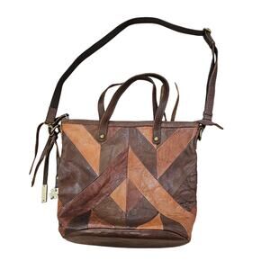 Lucky Brand Brown Leather Patchwork Oversized Crossbody Double Handle Purse